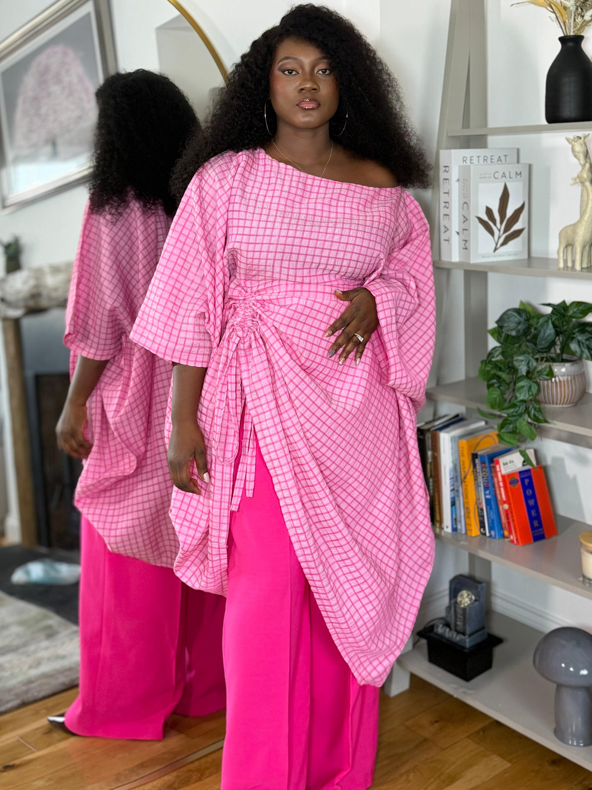 AL Pink Grid Draped Set