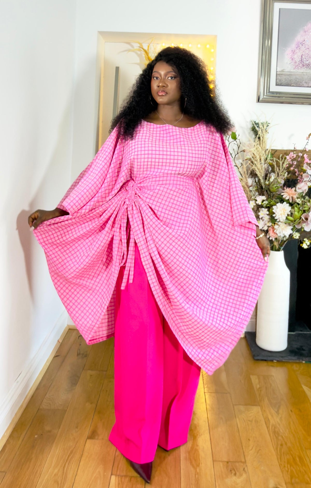 AL Pink Grid Draped Set
