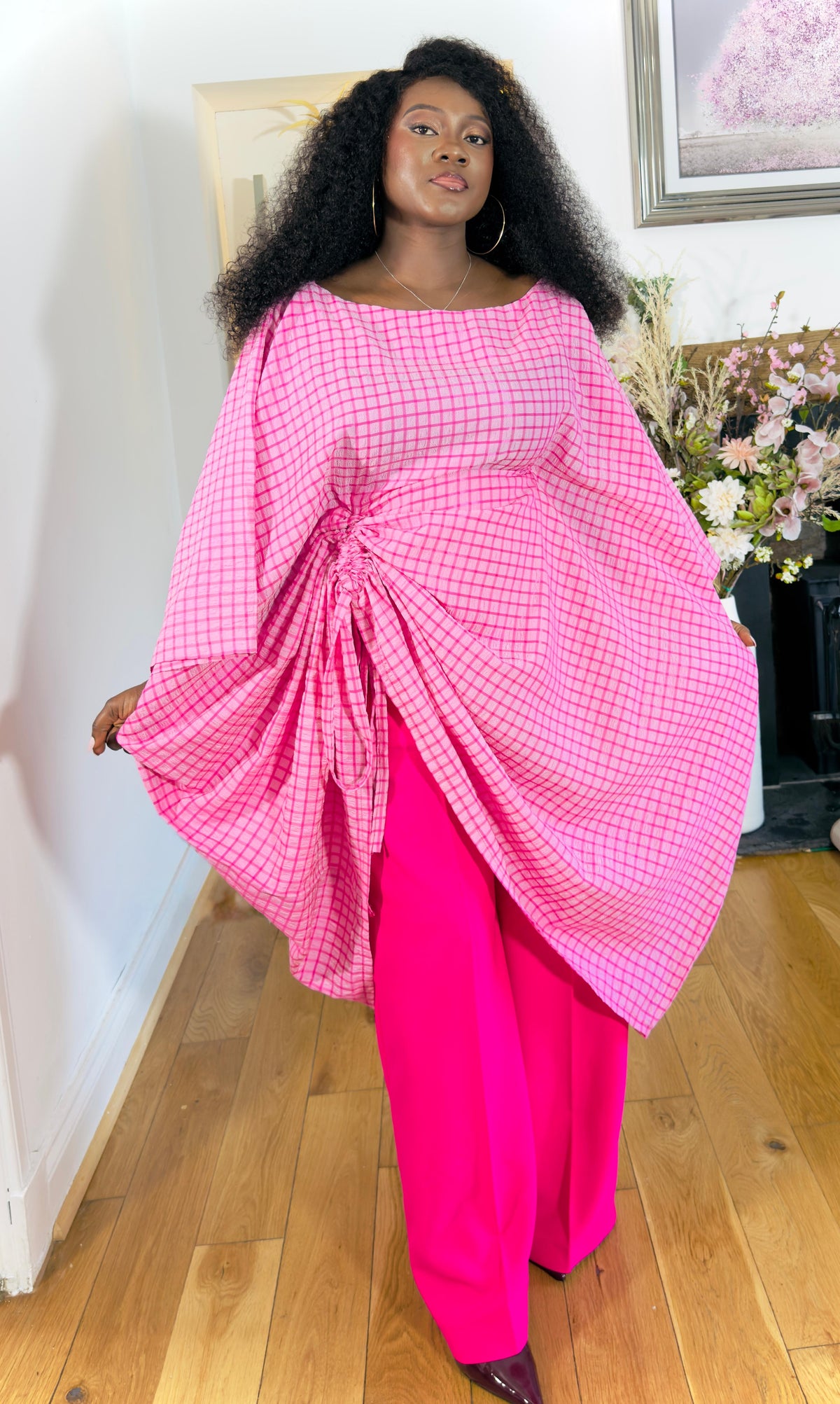 AL Pink Grid Draped Set
